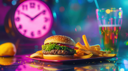 A colorful composition featuring a fast-food meal with a clock in the background, reminding of health consequences.の素材