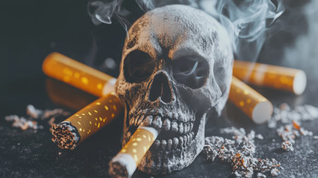 A cigarette releasing smoke that forms a sinister skull, warning of the harmful effects of tobacco.の素材