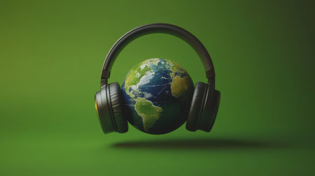 A globe inside modern headphones on a green background, symbolizing global health awareness and the harmony between nature and humanity.の素材