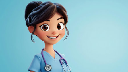 A cheerful cartoon nurse with a stethoscope and a friendly smile, ready to help, on a light blue background.の素材
