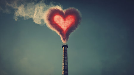 A factory chimney releasing smoke in the shape of a heart, blending themes of industrial impact and environmental awareness.の素材