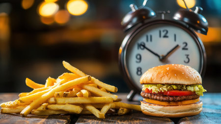 A fast-food burger and fries placed next to a clock, symbolizing the importance of time and healthy eating habits.の素材