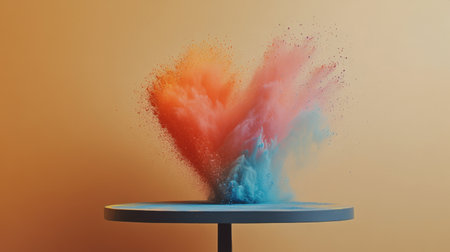 A bold splash of Holi colors thrown across a minimalist table, creating a contrast with the clean backgroundの素材