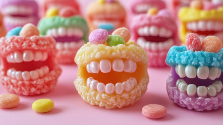 A surreal arrangement of whimsical mouths with colorful candy, depicting the connection between sugar consumption and dental health.の素材