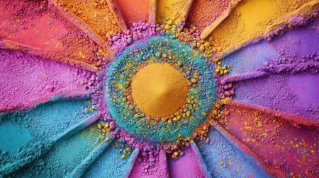 A kaleidoscope effect created using vibrant Holi powders in intricate symmetrical patterns on a flat surfaceの素材