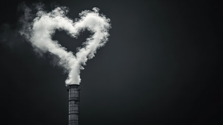 A factory chimney releasing smoke in the shape of a heart, blending themes of industrial impact and environmental awareness.の素材