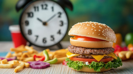 A colorful composition featuring a fast-food meal with a clock in the background, reminding of health consequences.の素材