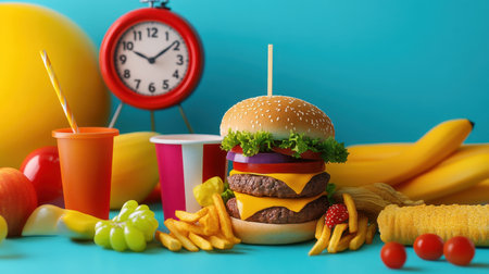 A colorful composition featuring a fast-food meal with a clock in the background, reminding of health consequences.の素材