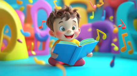 A cheerful 3D cartoon child holding an open book with floating musical notes around, set in a colorful, animated environment.の素材
