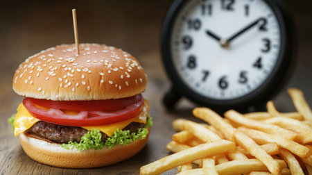 A fast-food burger and fries placed next to a clock, symbolizing the importance of time and healthy eating habits.の素材