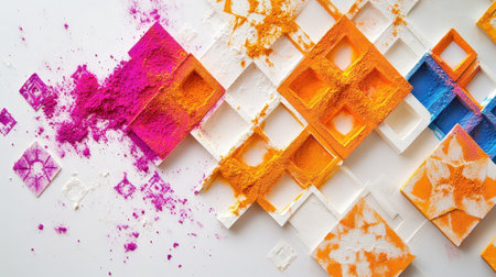 A flat lay of Holi powders creating intricate geometric patterns on a bright white surface.の素材