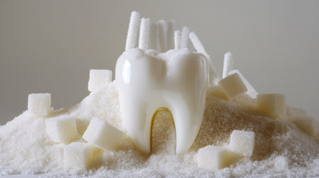 A single tooth surrounded by sugar cubes and granulated sugar, symbolizing the effects of excessive sugar consumption on oral health.の素材