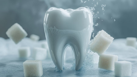 A tooth depicted with sugar cubes melting around it, symbolizing the gradual erosion caused by excessive sugar consumption.の素材