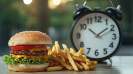 A fast-food burger and fries placed next to a clock, symbolizing the importance of time and healthy eating habits.の素材