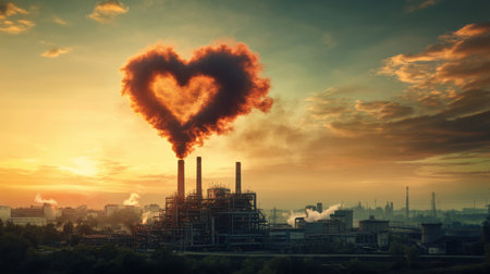 A whimsical depiction of heart-shaped smoke rising from a factory, symbolizing the emotional toll of pollution on the planet.の素材