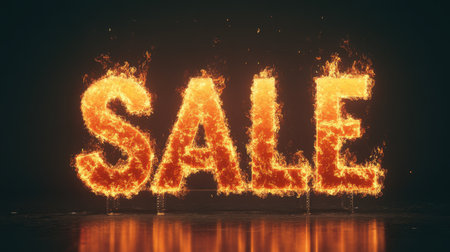 A bold 'SALE' sign with fiery letters ablaze in vibrant red and orange flames, glowing against a dark background, symbolizing urgency and hot deals.の素材