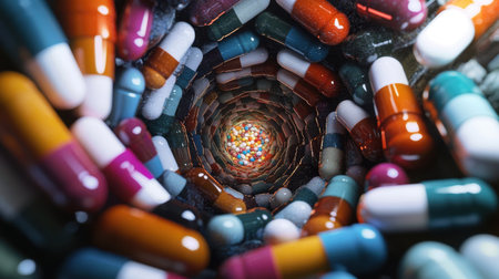 An abstract composition of capsules and pills forming a spiral pattern, representing the complexity of modern medicine.の素材
