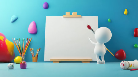 Animated 3D cartoon artist with a giant paintbrush, ready to create on a blank canvas in a lively, colorful space.の素材