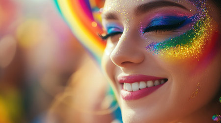 A close-up of vibrant pride makeup on a smiling face, with artistic rainbow details and a blurred pride parade crowd in the background.の素材