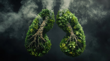 Artistic lungs crafted from greenery, with smoke elements rising, symbolizing the balance of nature and pollution.の素材