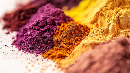 Close-up of finely textured Holi powders in bright, bold colors, creating an abstract design on a neutral backdrop.の素材