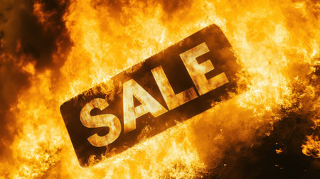 A dramatic 'SALE' sign engulfed in dynamic flames, highlighting urgency and excitement for marketing and shopping campaigns.の素材