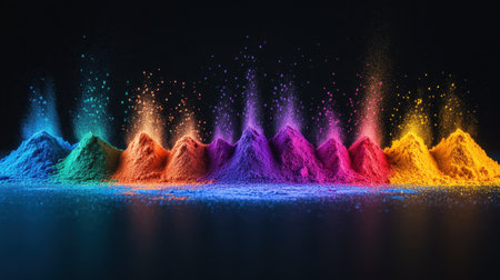 An array of colorful Holi powders forming a gradient design on a smooth black surface, with light highlighting their vibrancy.の素材