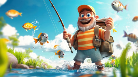 Cartoon fisherman in 3D, holding a fishing rod and a backpack, surrounded by playful fish jumping out of the water.の素材