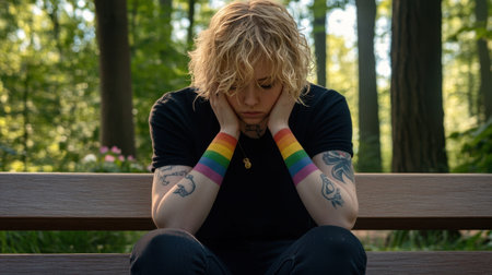 A lonely LGBTQ woman with a rainbow tattoo, sitting with her face buried in her hands on a park bench, expressing sadness and mental health struggles.の素材