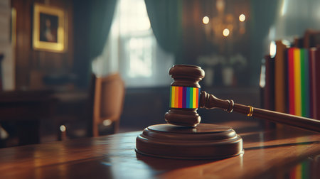 Close-up of a judge's gavel and legal books with a colorful rainbow bookmark, representing justice for LGBTQ rights and equality.の素材