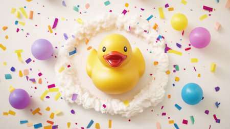 A quirky celebration design for 'RUBBER DUCK DAY' with a classic yellow rubber duck and colorful typography on a white canvas.の素材