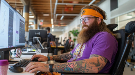 Bearded, tattooed man in a wheelchair typing on a computer in a bright office, symbolizing resilience, diversity, and workplace inclusion.の素材