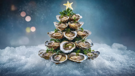 Creative Christmas tree design made entirely of seafood, featuring oysters on a bed of ice, perfect for restaurant or catering promotions.の素材