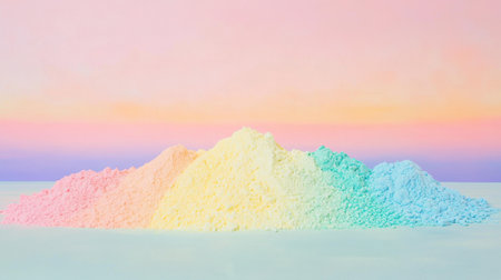 Artistic arrangement of Holi powders blending into a rainbow-like gradient on a smooth pastel background.の素材