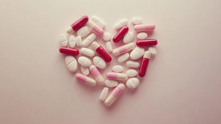 Bright capsules and pills arranged in a heart shape on a neutral backdrop, symbolizing care and the importance of health.の素材