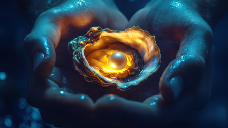 Detailed shot of a man's wet hands cradling an open oyster with a luminous pearl in the center, capturing nature's beauty and marine treasures.の素材