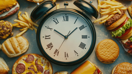 Artistic representation of a clock surrounded by fast food items, emphasizing the impact of quick meals on health.の素材