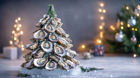 Festive seafood Christmas tree crafted from fresh open oysters arranged on ice, with holiday decorations in the background.の素材