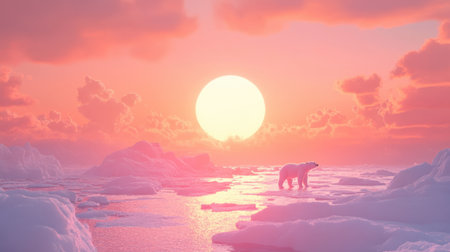 Dramatic scene of a polar bear on a melting ice floe, framed by a glowing sunset sky. Climate crisis concept.の素材