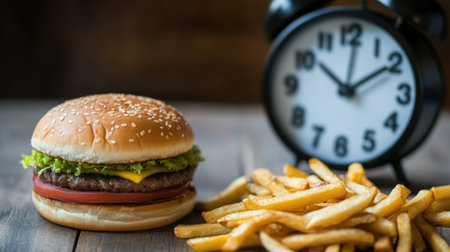 Close-up of a burger and fries next to a clock, symbolizing the urgency of choosing health over convenience.の素材