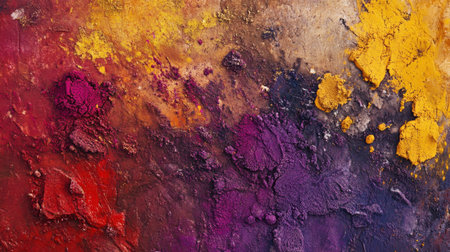 Close-up of finely textured Holi powders in bright, bold colors, creating an abstract design on a neutral backdrop.の素材
