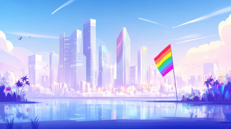 Inclusive urban landscape with LGBTQ pride symbols integrated into a modern skyline. Copy space for equality messages.の素材