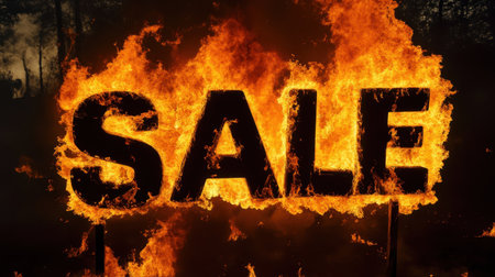 A dramatic 'SALE' sign engulfed in dynamic flames, highlighting urgency and excitement for marketing and shopping campaigns.の素材