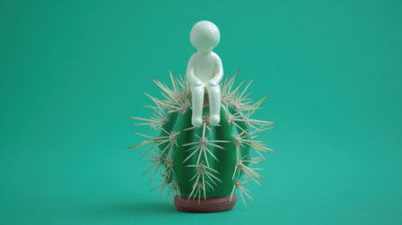 Minimal art: a white human figure perched on a spiky green cactus, emphasizing discomfort and life's prickly situations.の素材