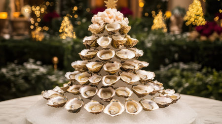 Festive seafood Christmas tree crafted from fresh open oysters arranged on ice, with holiday decorations in the background.の素材