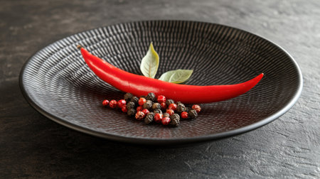 Hot red chili pepper and aromatic peppercorns resting on a rustic plate, with a minimalist grey background for spicy recipe concepts.の素材