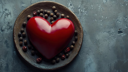 Flat lay of a vibrant red chili pepper on a rustic plate surrounded by peppercorns, styled on a grey textured background with copy space.の素材