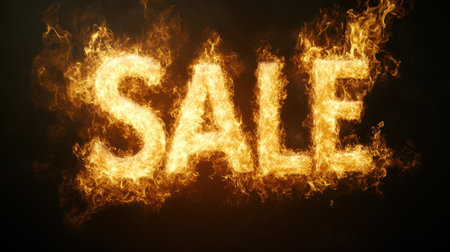Radiant 'SALE' lettering surrounded by intense flames, capturing promotional energy and urgency on a sleek black canvas for marketing campaigns.の素材