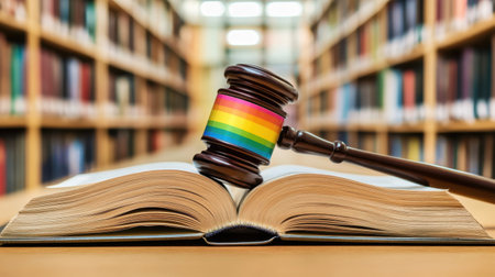 Legal equality visual: a judge's gavel, open book, and a bright rainbow bookmark, emphasizing LGBT rights and inclusion in justice.の素材