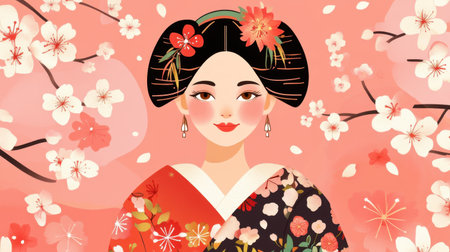 Little geisha girl wearing an intricate kimono with floral patterns, smiling softly amidst a serene pink background with sakura blossoms.の素材